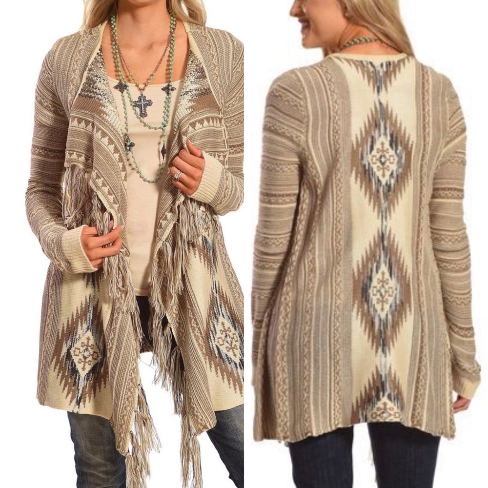 Boho Fringe Open-Front Cardigan Sweater - Beige